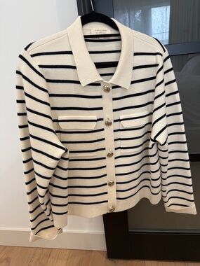 Sezane Cream and Black Striped Button-Front Sweater